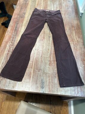 PAIGE Vintage Low-Rise Boot Cut Jeans in an Aubergine/Chicory Wash